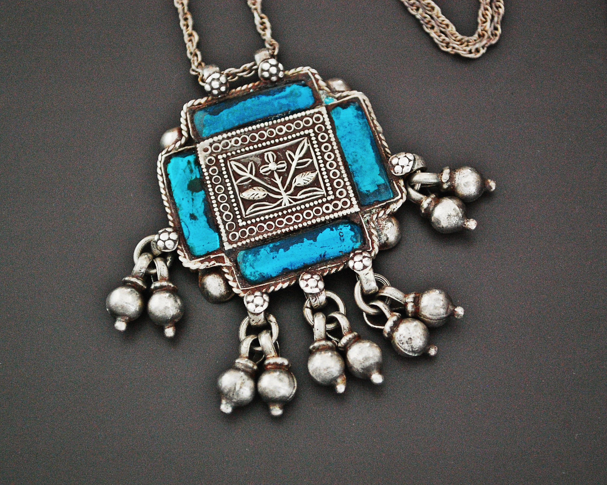 Rajasthani Silver Amulet with Glass and Bells Necklace