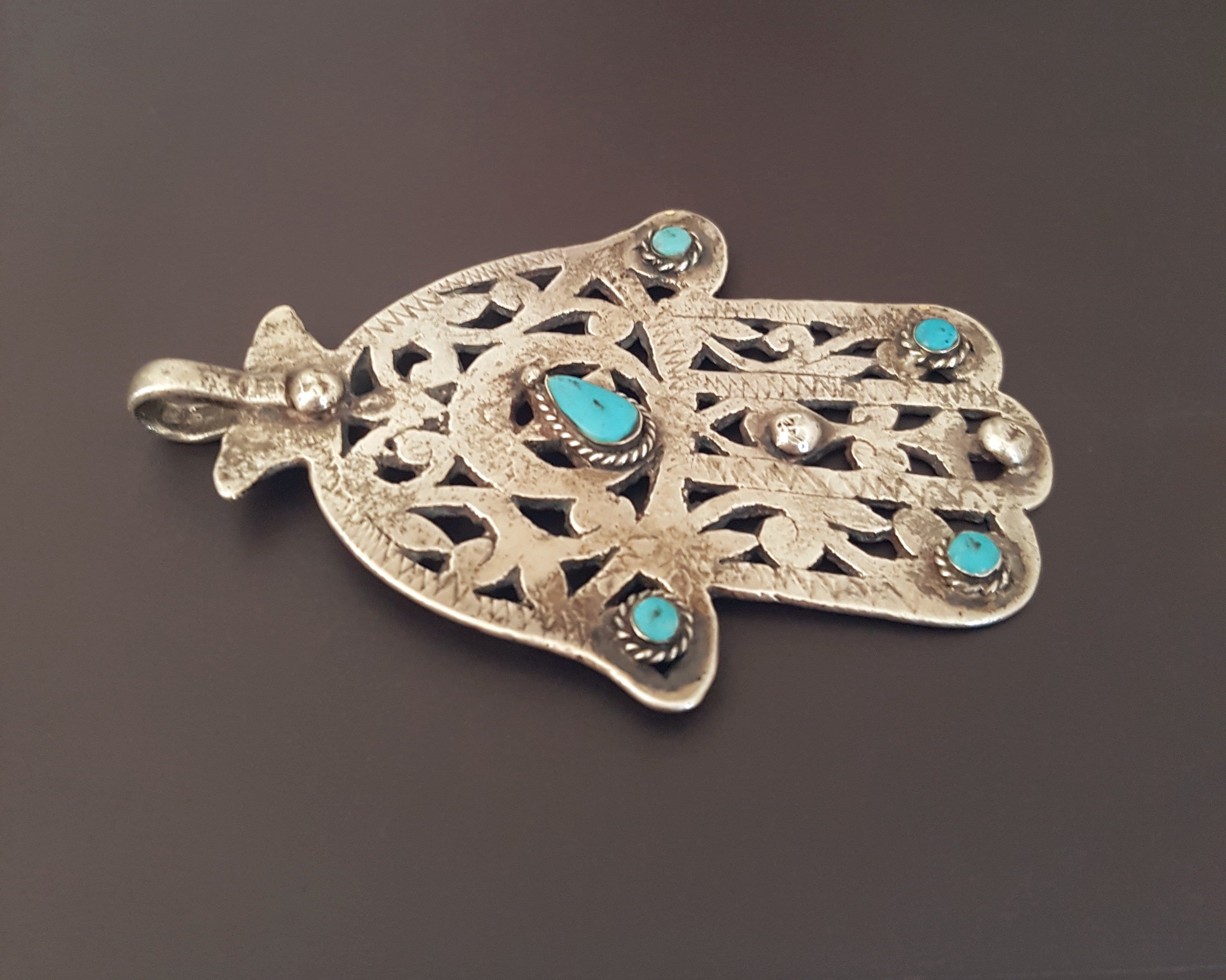 Large Antique Tunisian Hamsa Pendant with Turquoises