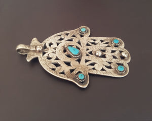 Large Antique Tunisian Hamsa Pendant with Turquoises