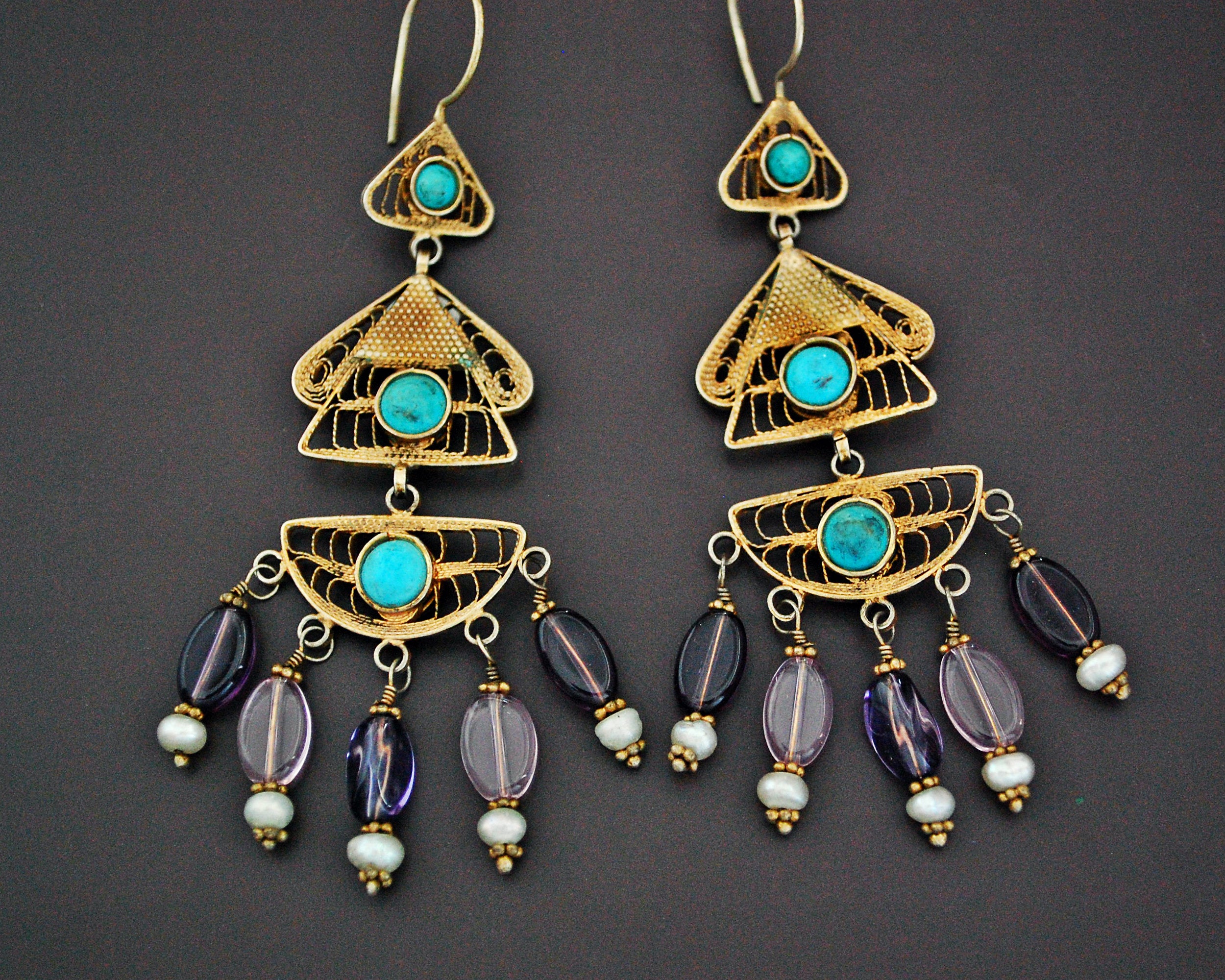 Gilded Uzbek Filigree Gemstone Earrings