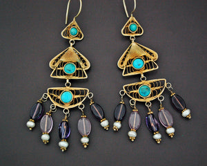 Gilded Uzbek Filigree Gemstone Earrings