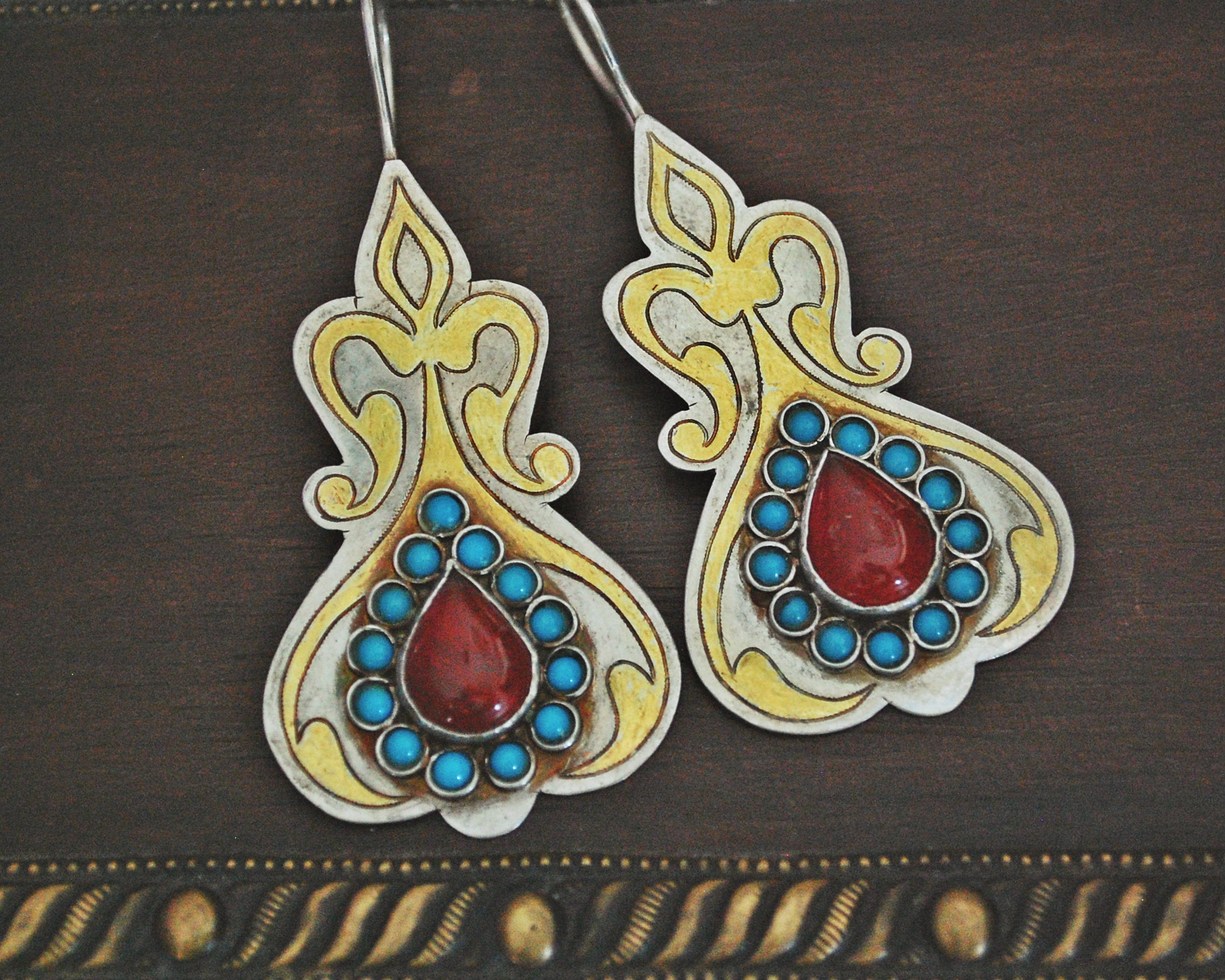 Vintage Turkmen Silver Gilded Earrings with Carnelian and Turquoise
