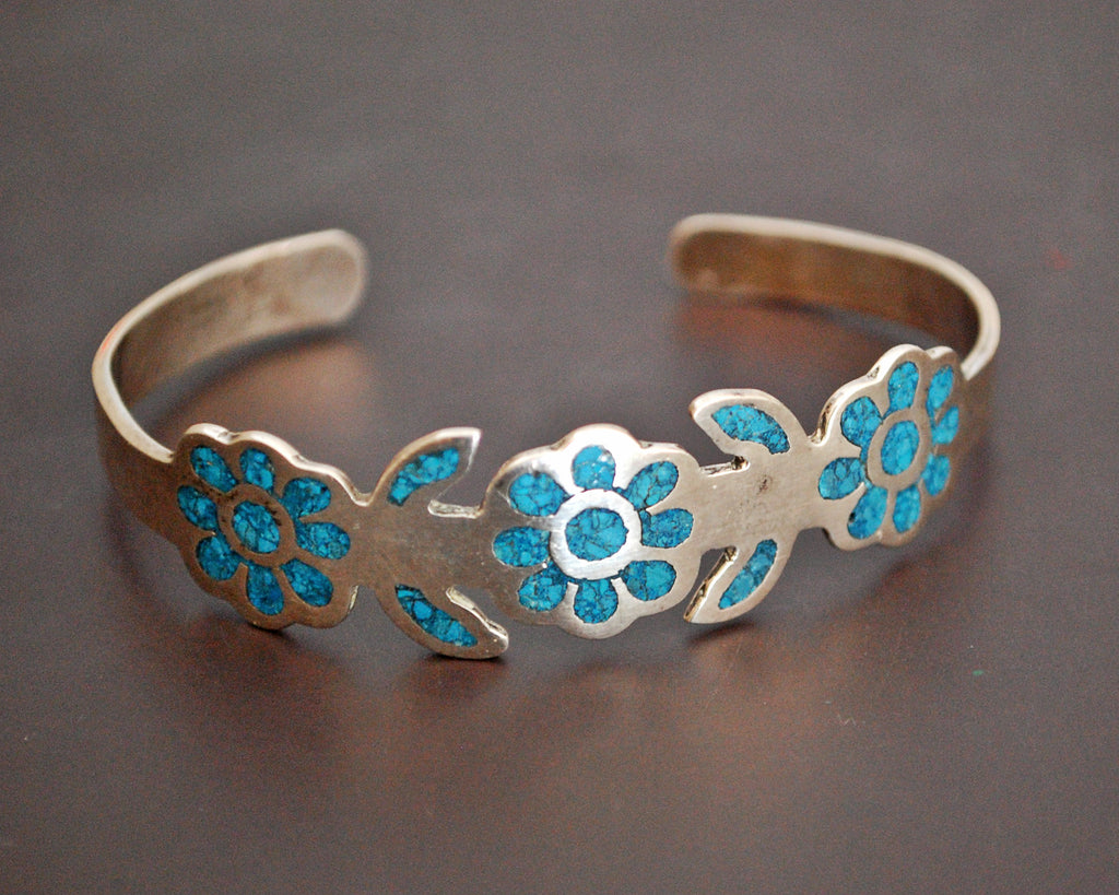 Vintage Mexican Turquoise Chip Inlay Cuff Bracelet - SMALL