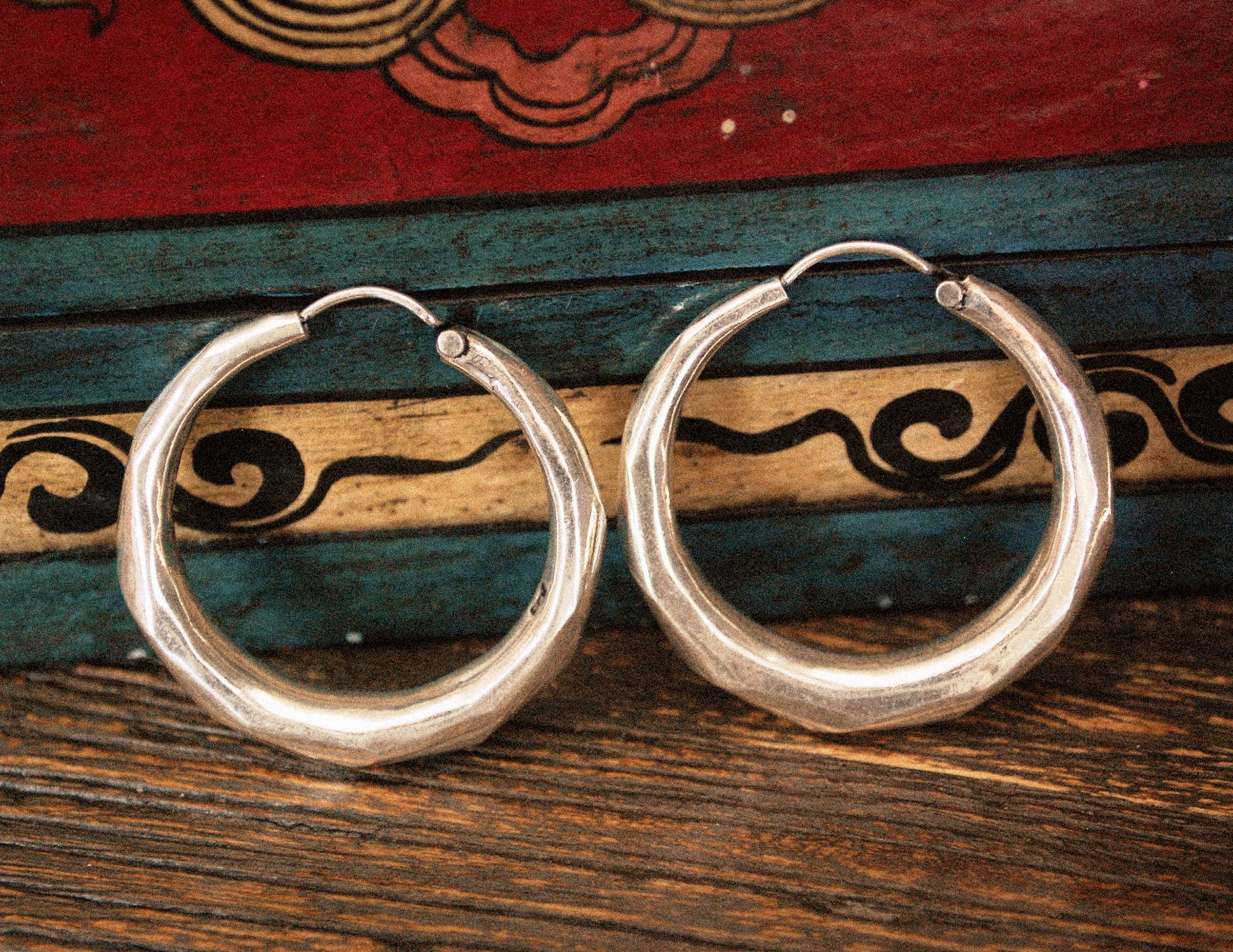 Faceted Ethnic Silver Hoop Earrings