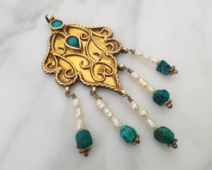 Gilded Uzbek Turquoise Pearl Pendant