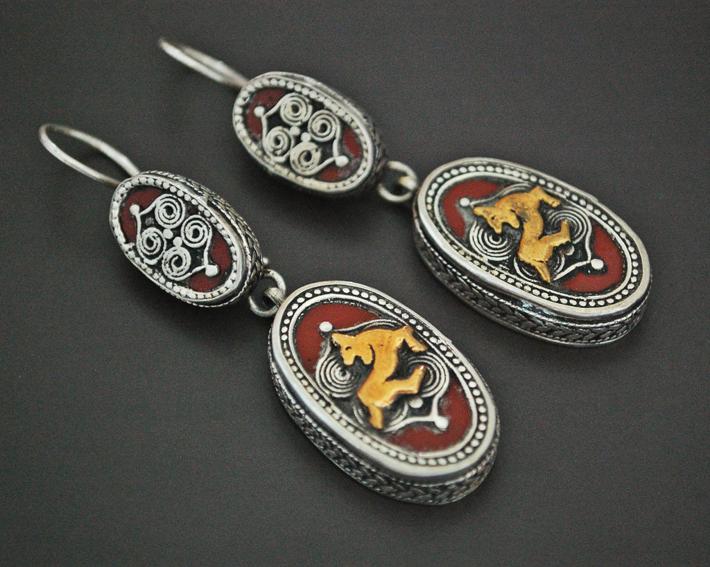 Vintage Kazakh Silver Gilded Earrings with Deer