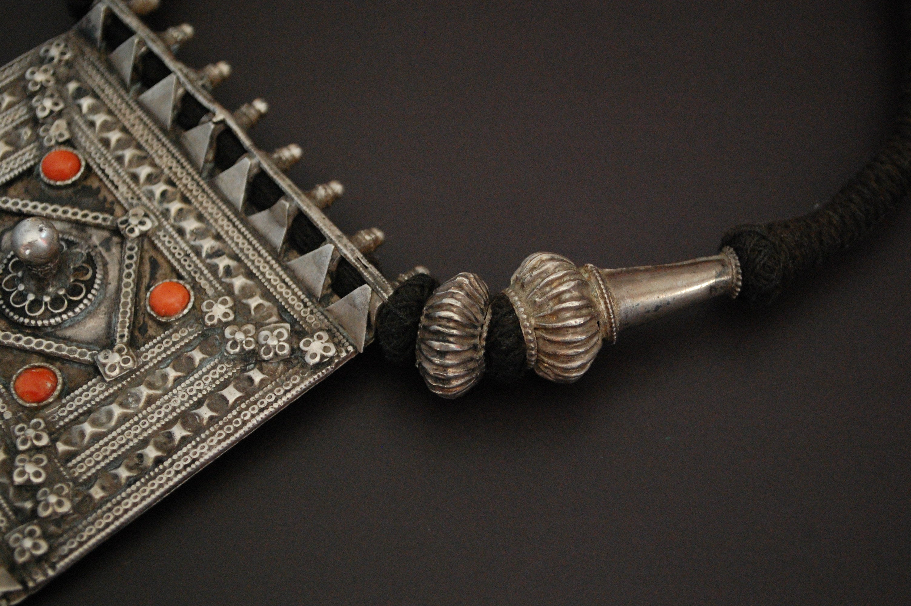 Huge Indian Coral Silver Necklace on Cotton Cord
