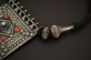 Huge Indian Coral Silver Necklace on Cotton Cord