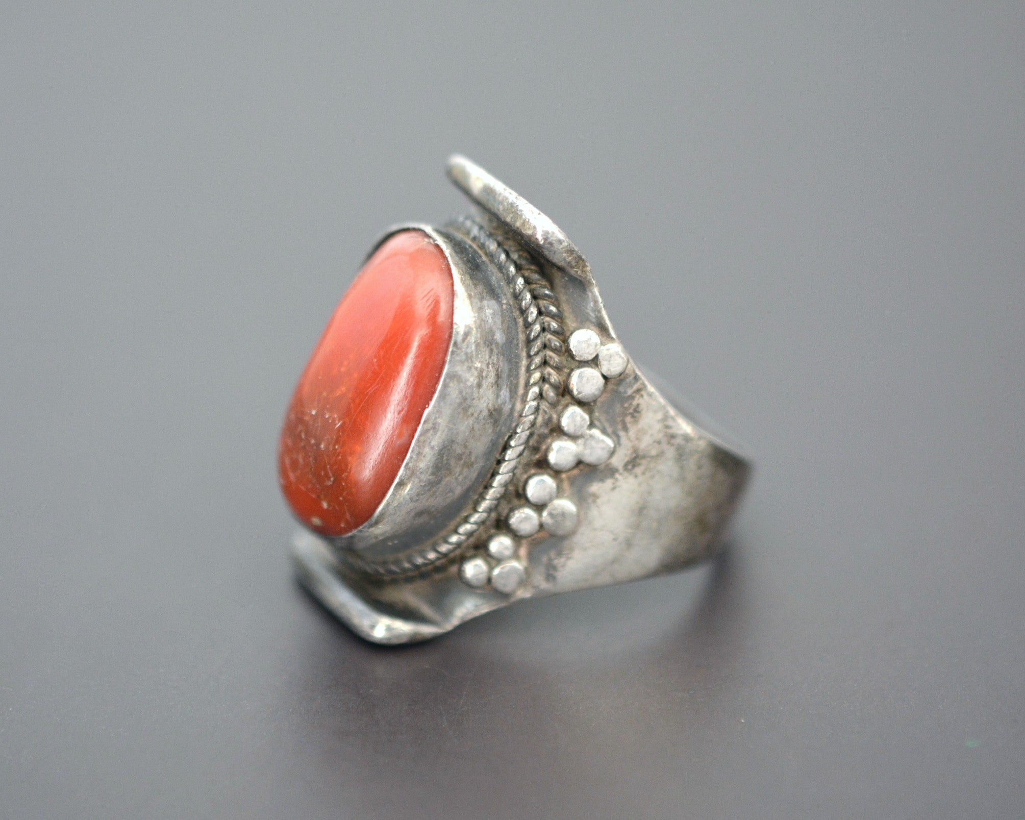 Nepali Tibetan Coral Saddle Ring - Size 9.25