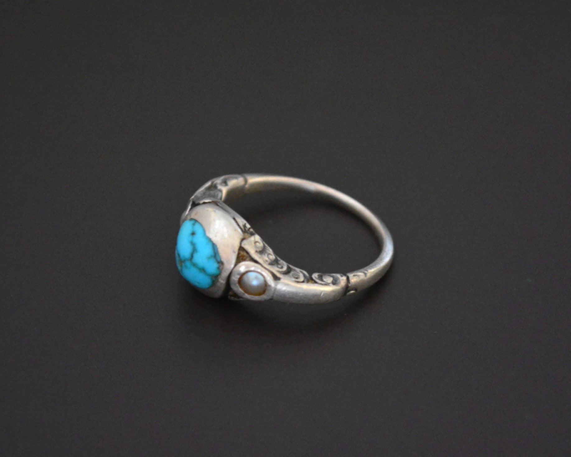 Old Tibetan Turquoise Pearl Ring - Size 7.5