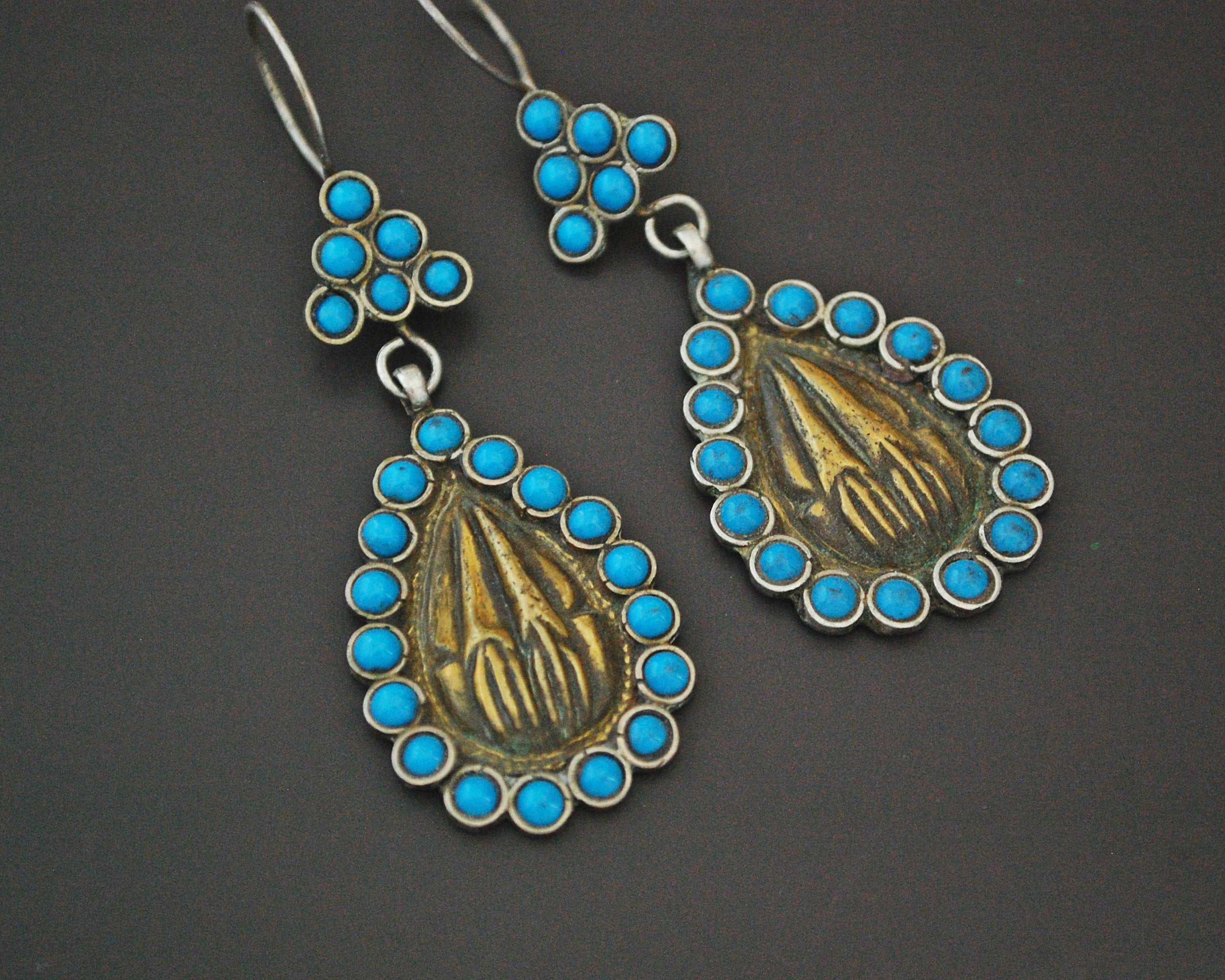Afghani Silver Gilded Earrings with Turquoise