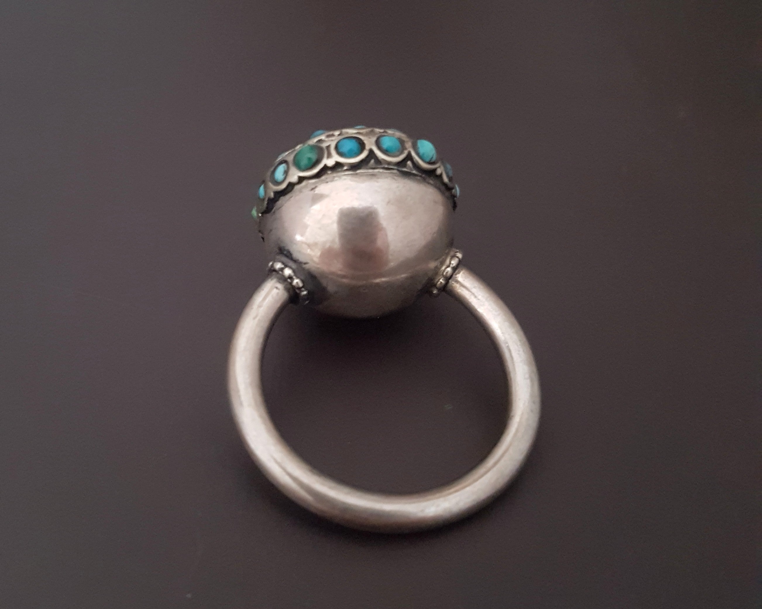 Central Asian Turquoise Garnet Silver Ring - Size 8