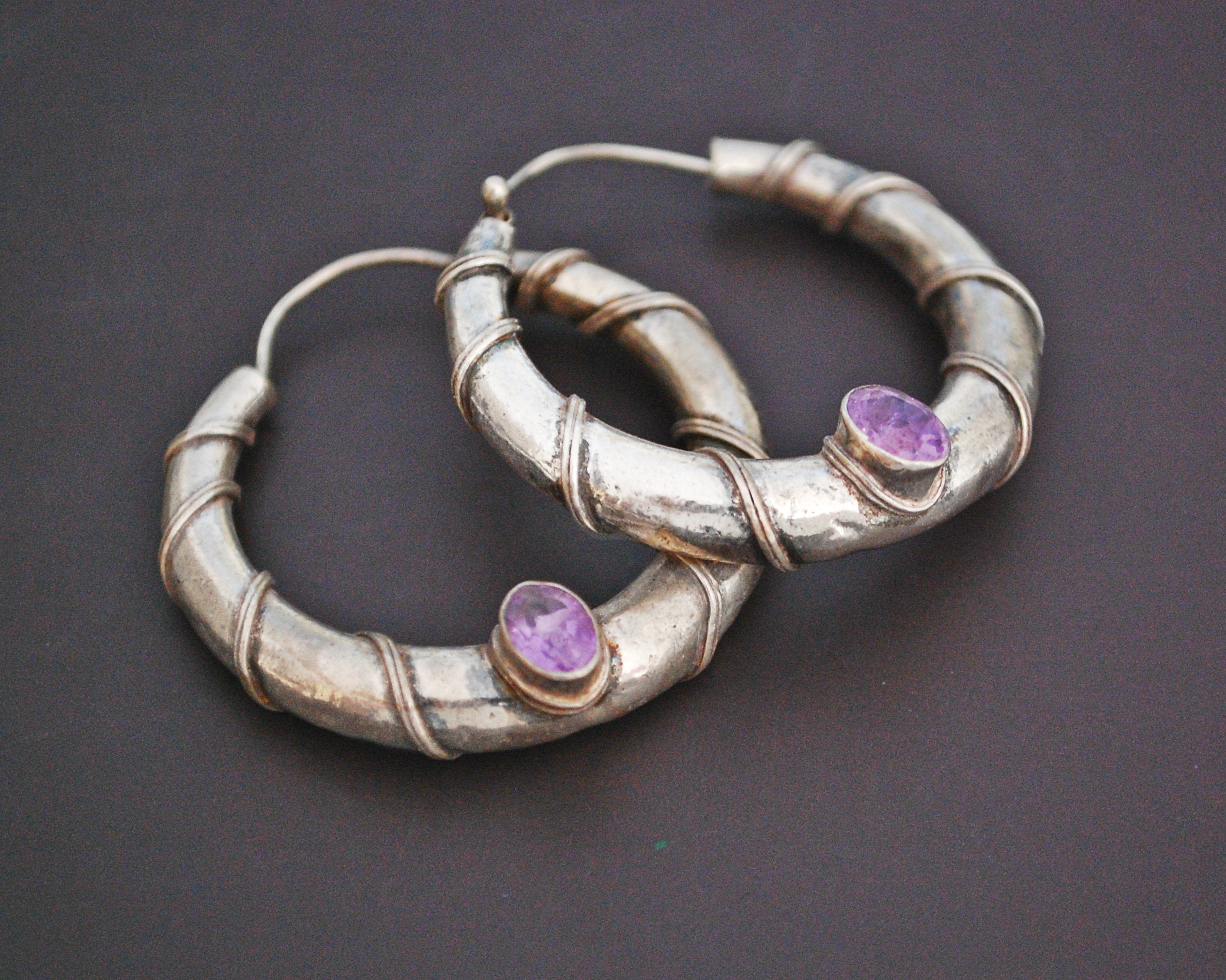 Ethnic Amethyst Hoop Earrings - MEDIUM / LARGE