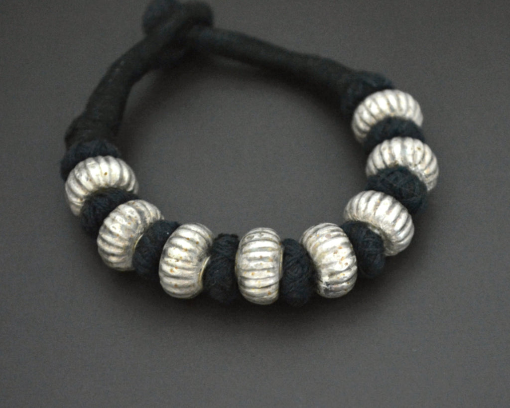 Rajasthani Silver Wax Beads Cotton Bracelet - Black - MEDIUM