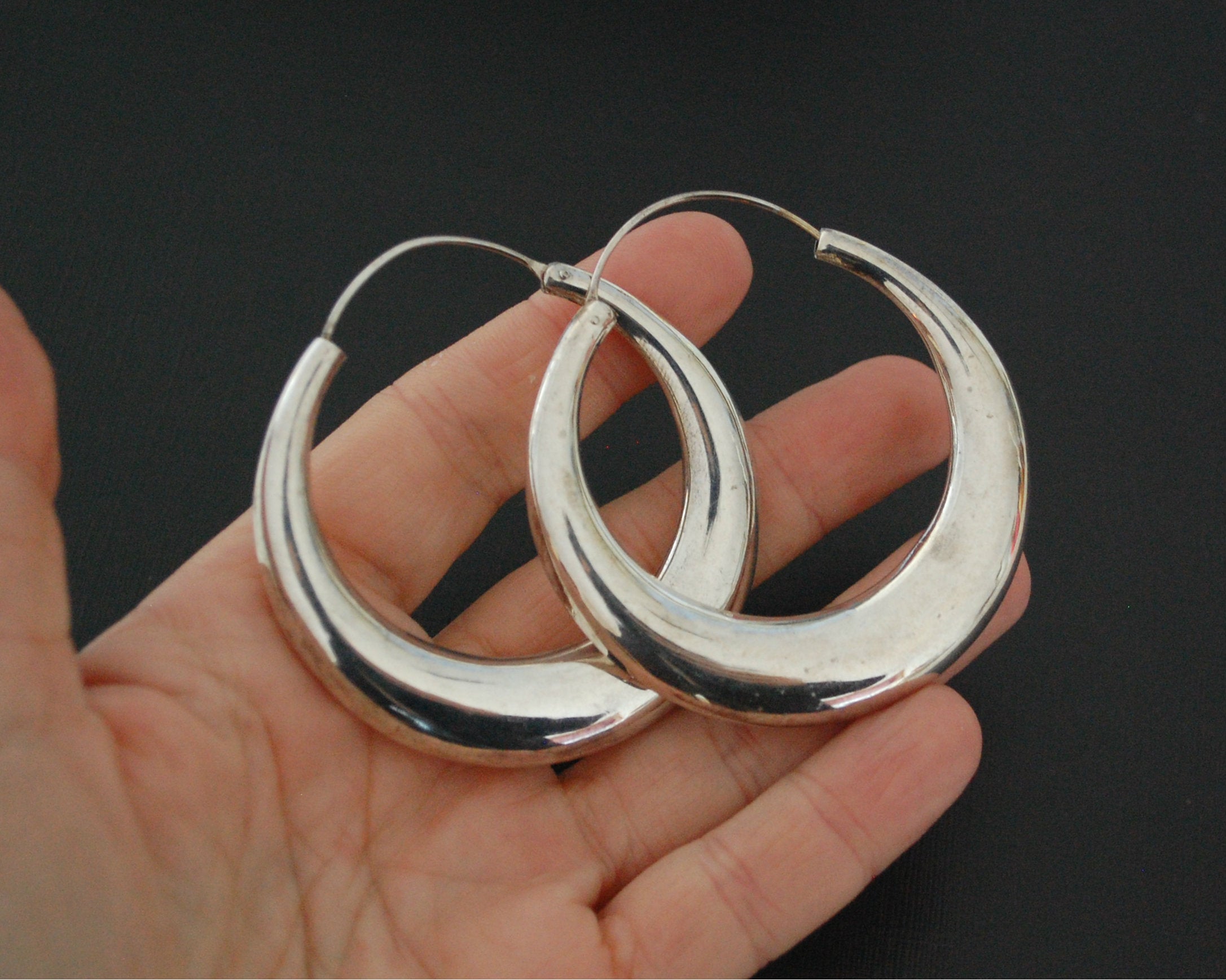 Huge Ethnic Silver Hoop Flatened Earrings