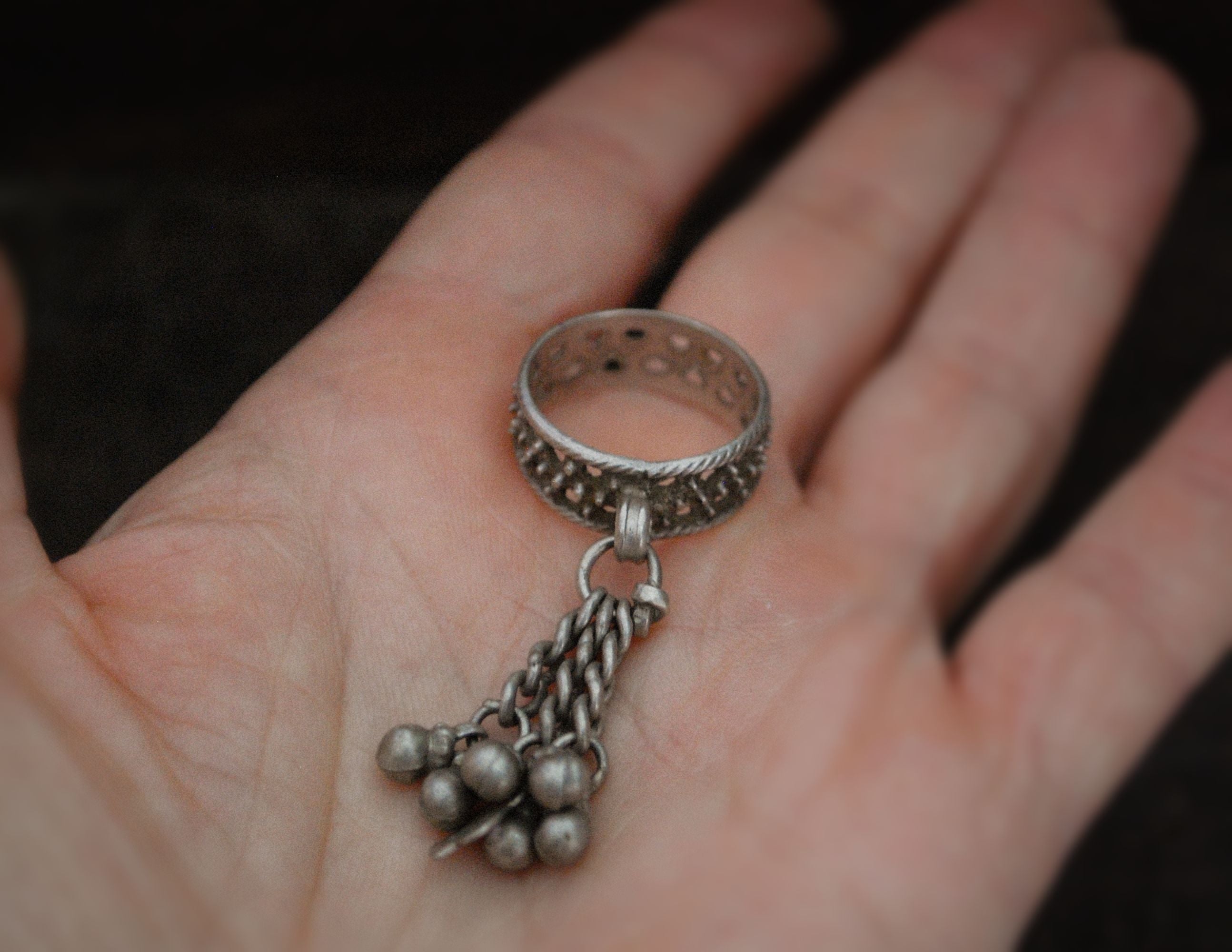 Old Rajasthani Silver Ring with Tassels - Size 6.5