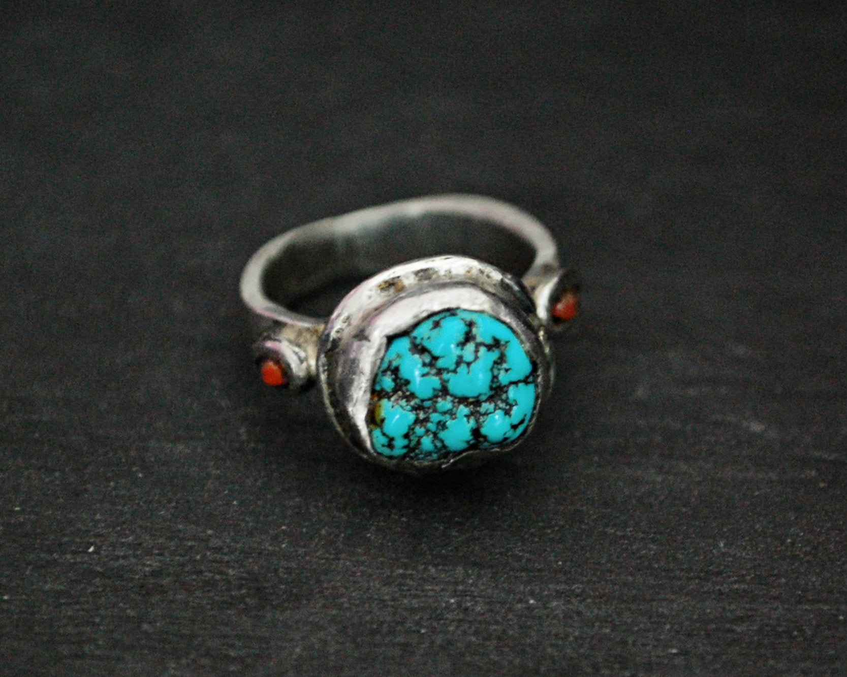 Antique Tibetan Turquoise Nugget and Coral Ring - Size 5