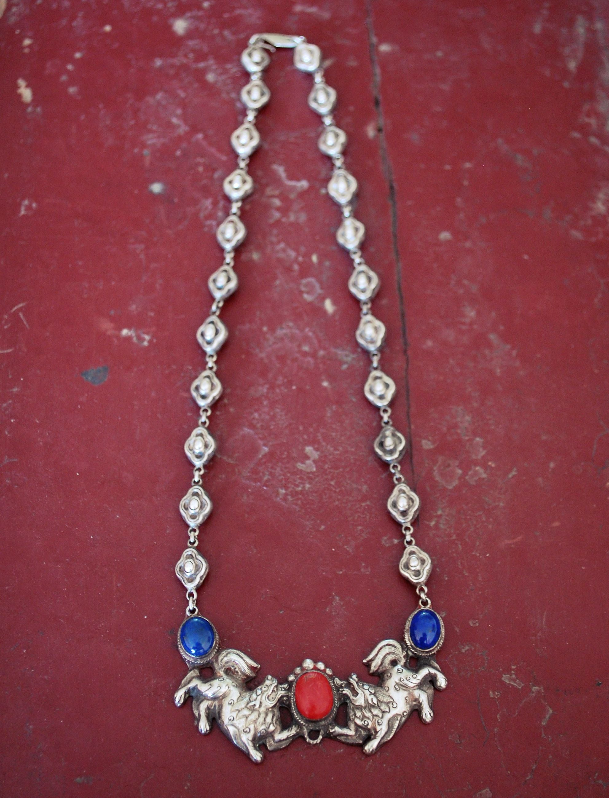 Tibetan Snow Lion Necklace with Coral and Lapis Lazuli