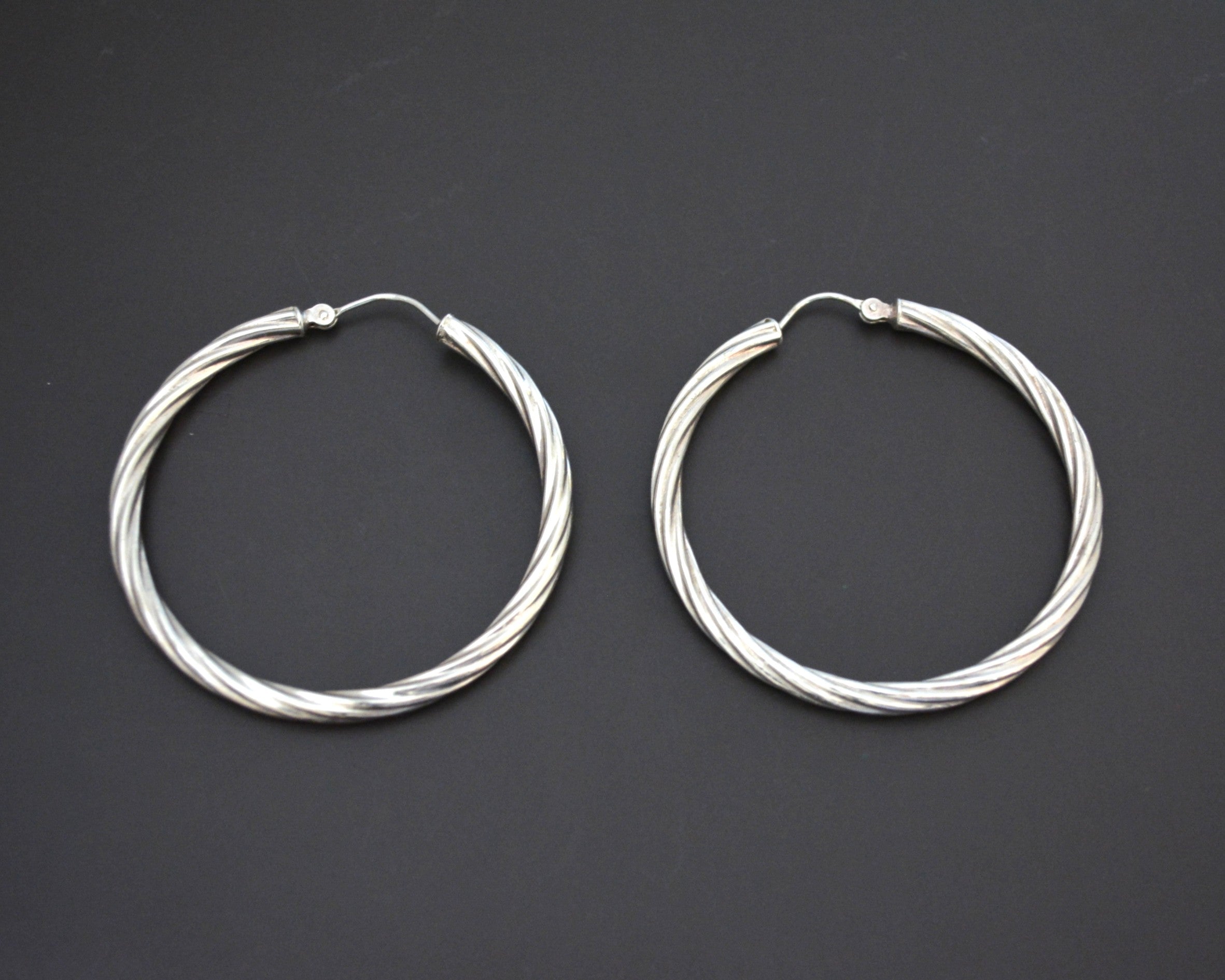 Ethnic Twisted Silver Hoop Earrings - LARGE