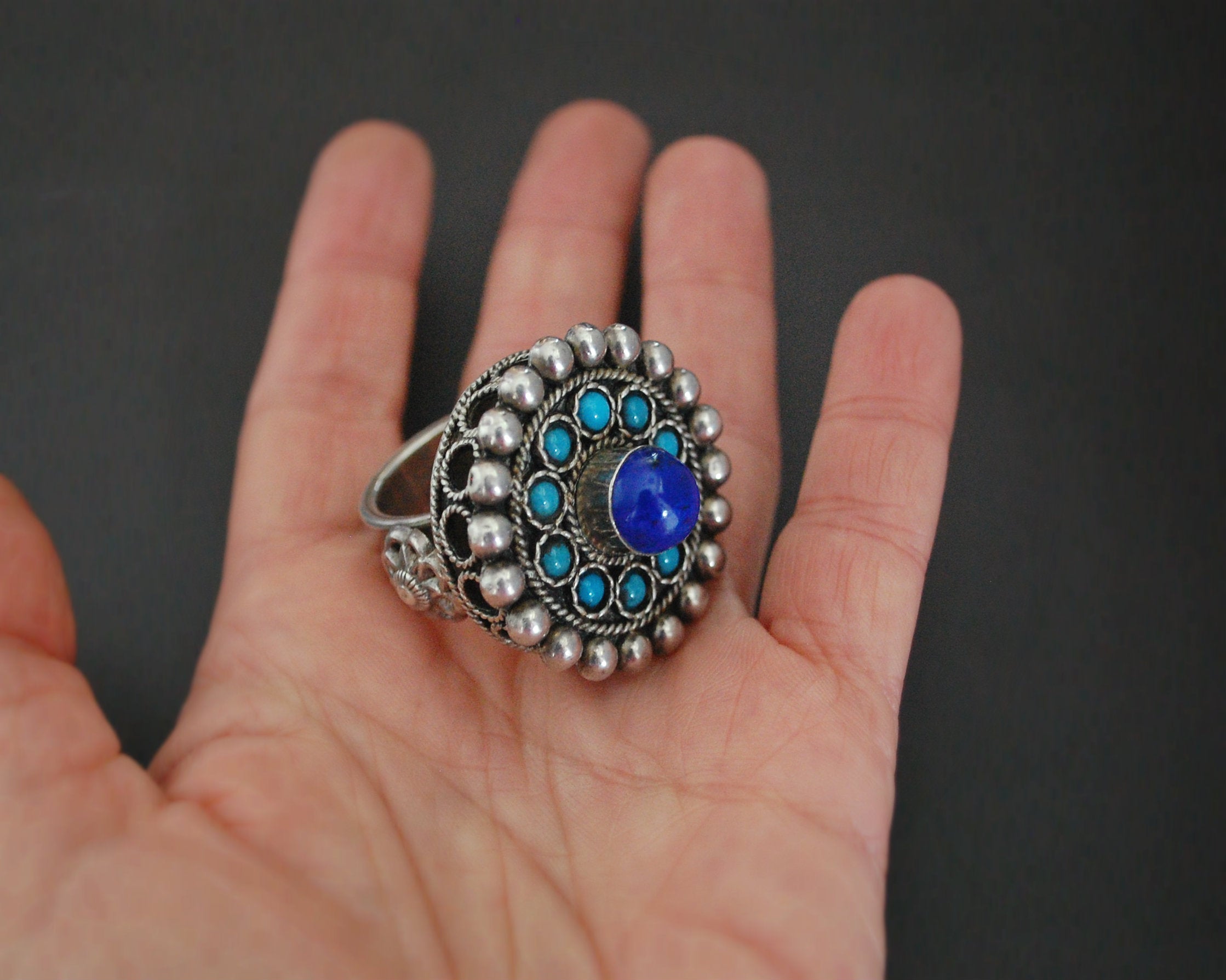 Bold Afghani Lapis Lazuli and Turquoise Ring - Size 9.5