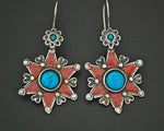 Turkmen Star Earrings with Enamel and Turquoise