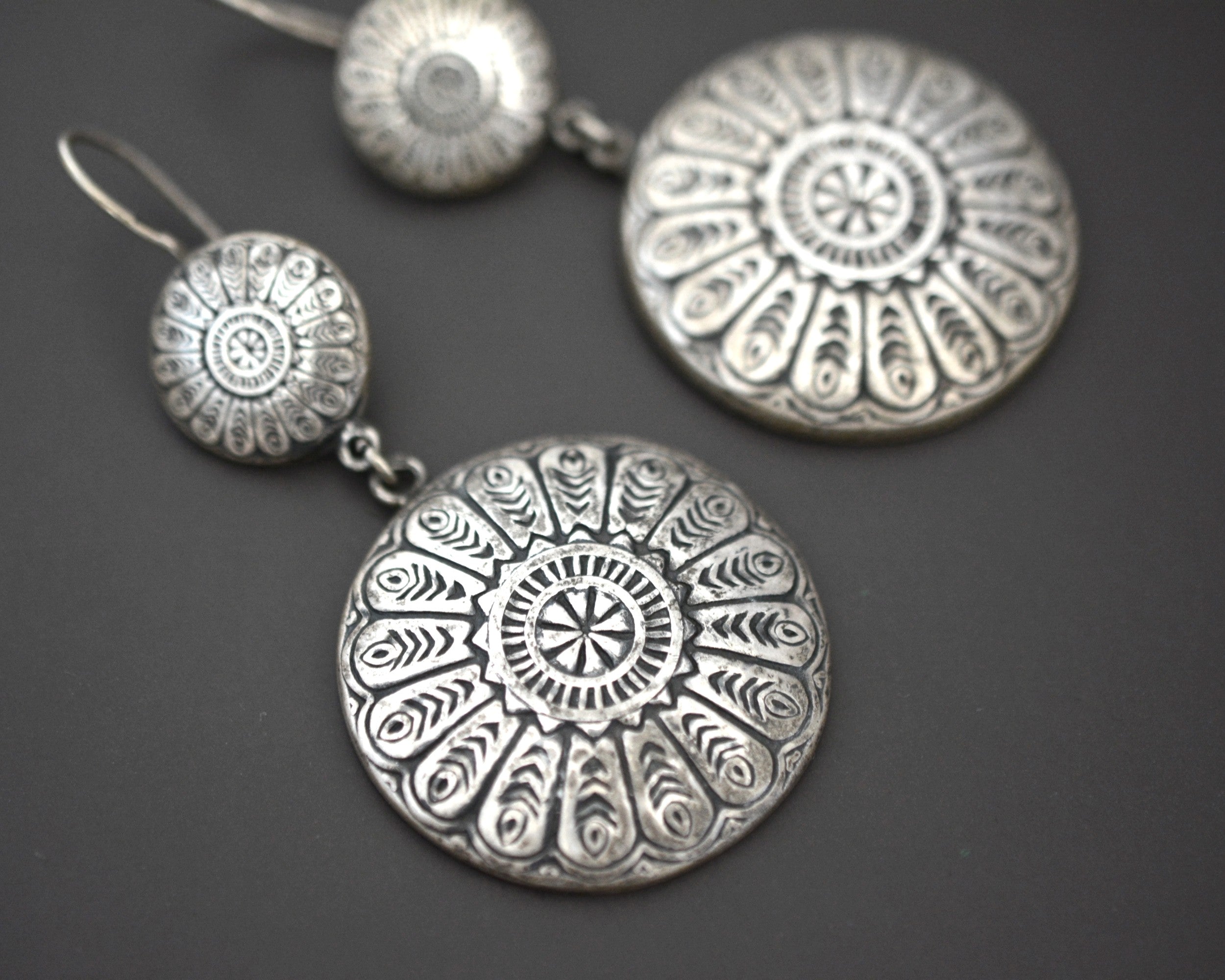 Large Indian Silver Disc Dangle Earrings