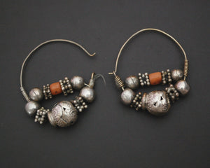 Uzbek Coral Silver Bead Hoop Earrings