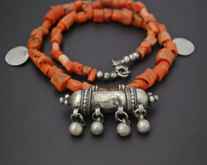 Old Yemeni Coral Silver Amulet Pendant Necklace