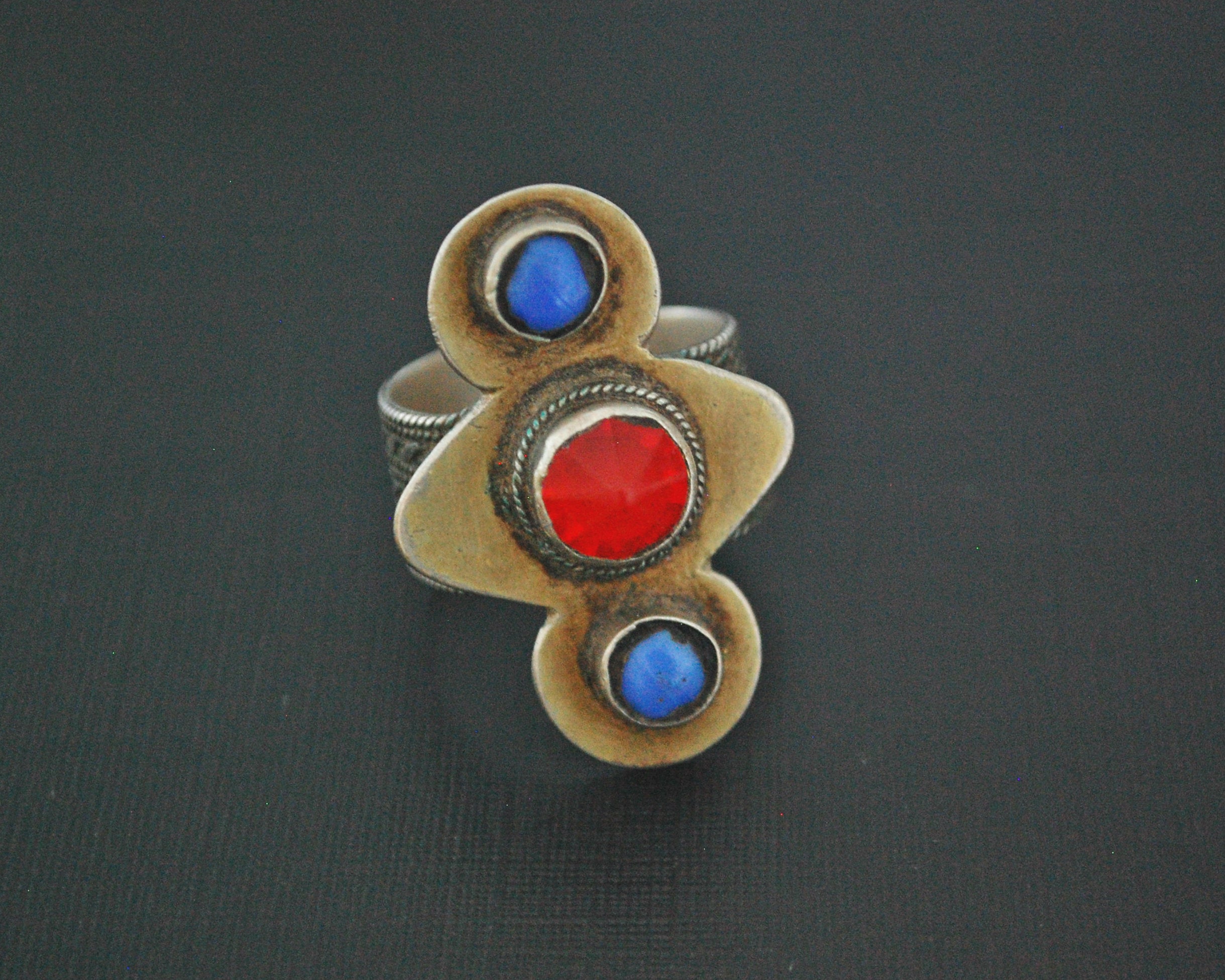 Turkmen Silver Gilded Ring with Glass Stones - Size 9