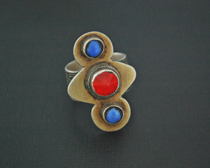 Turkmen Silver Gilded Ring with Glass Stones - Size 9