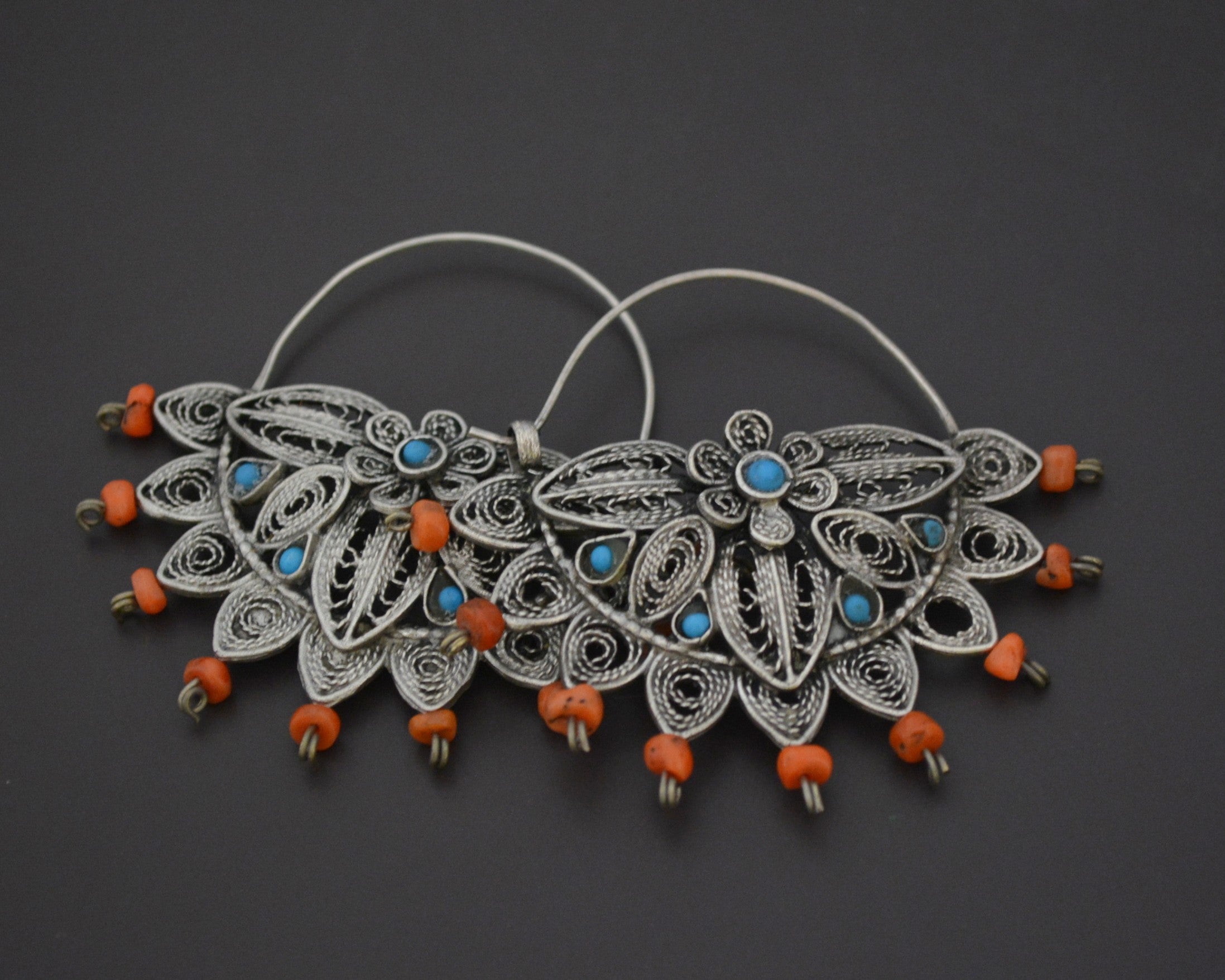 Uzbek Coral Turquoise Filigree Hoop Earrings