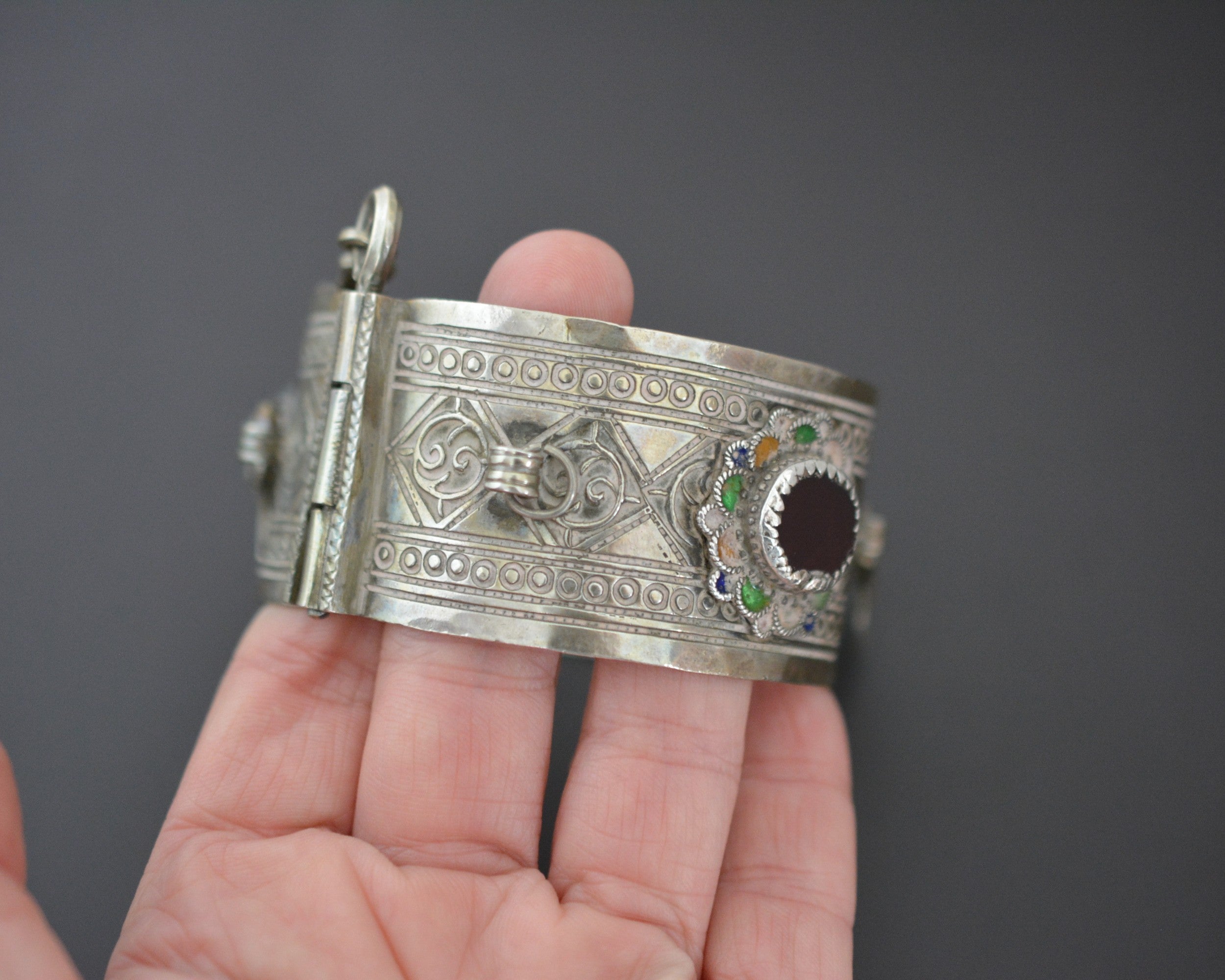 Berber Hinged Enamel Bracelet with Glass and Coins