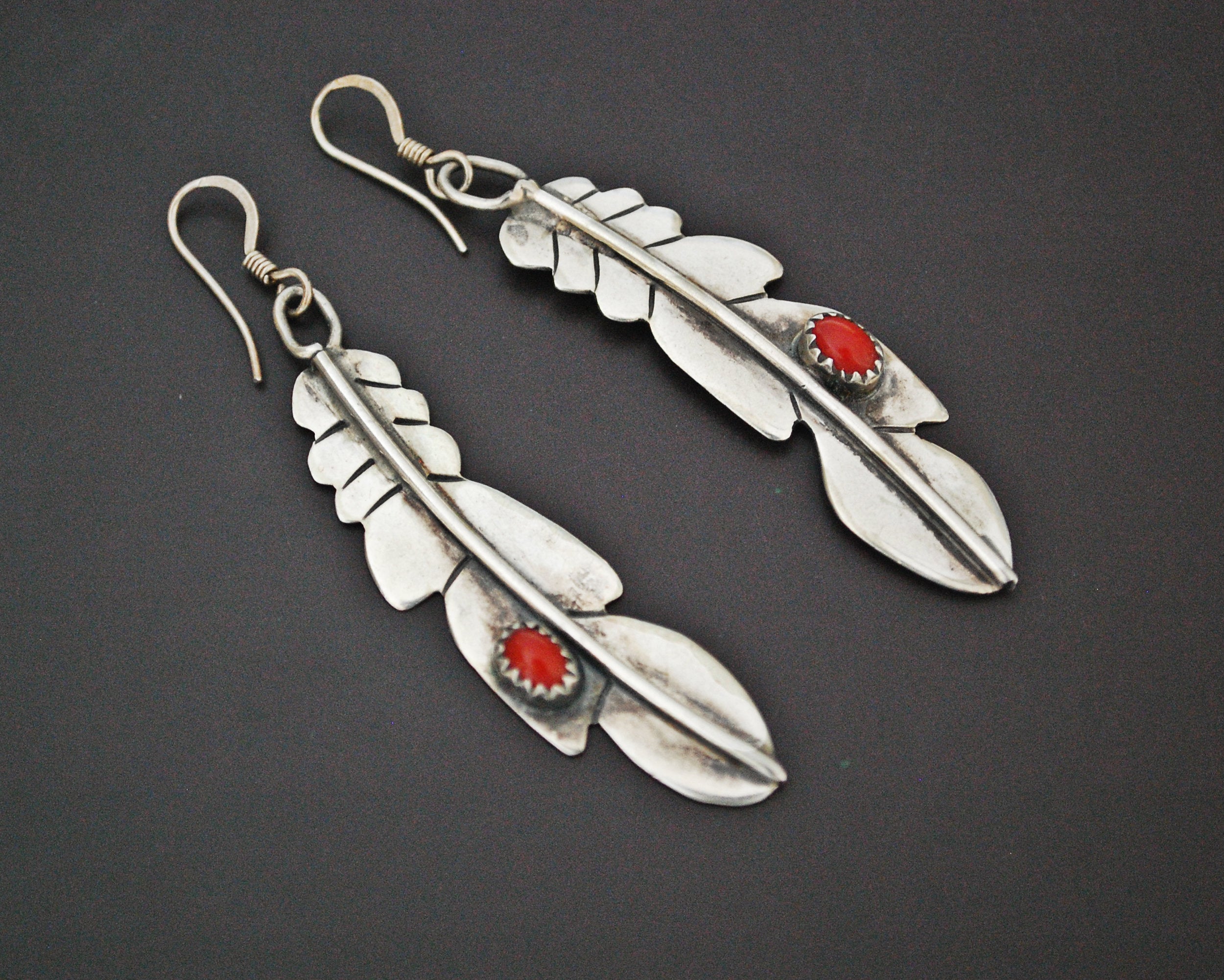 Native American Feather Coral Earrings