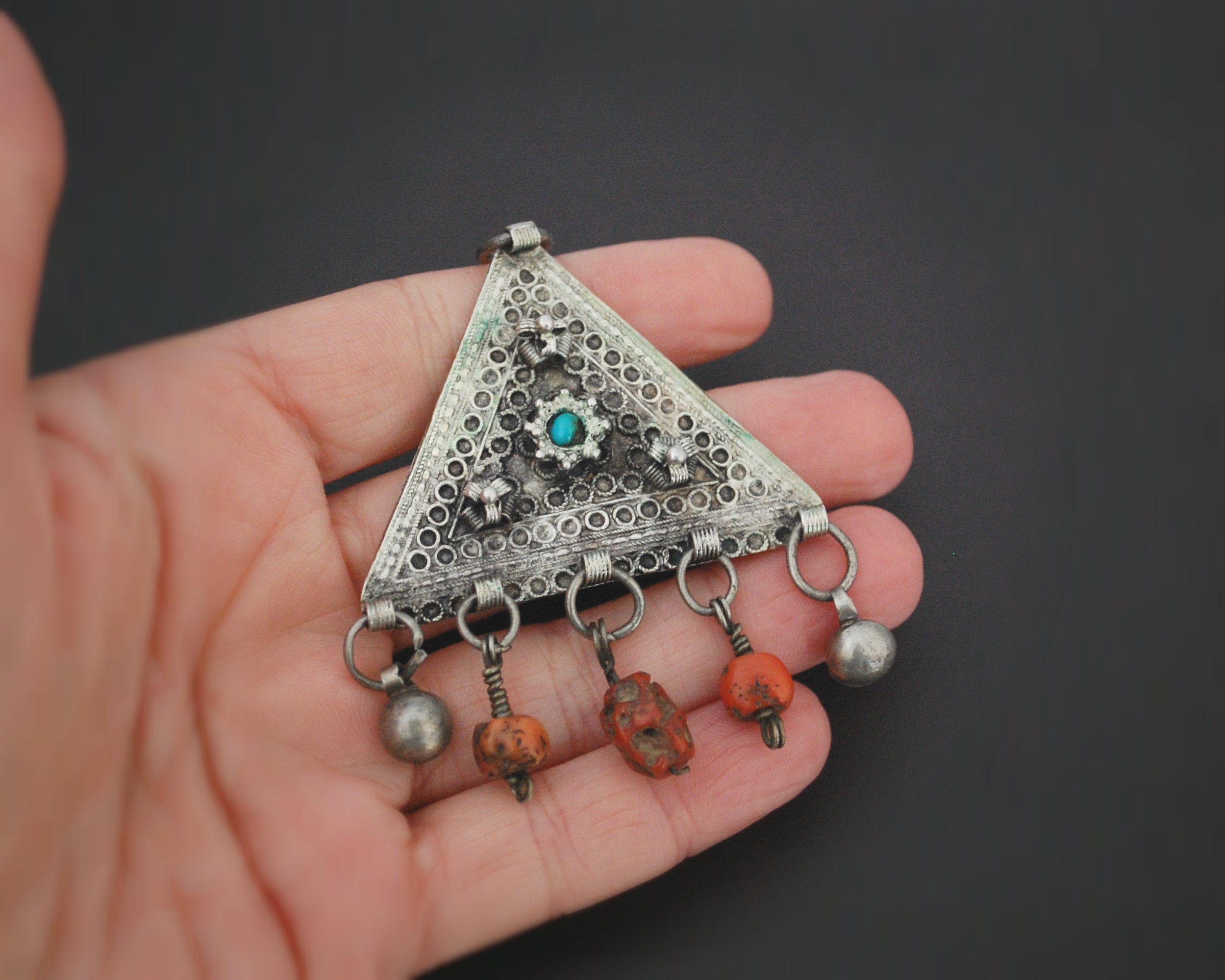 Central Asian Coral Turquoise Triangle Shaped Amulet Pendant