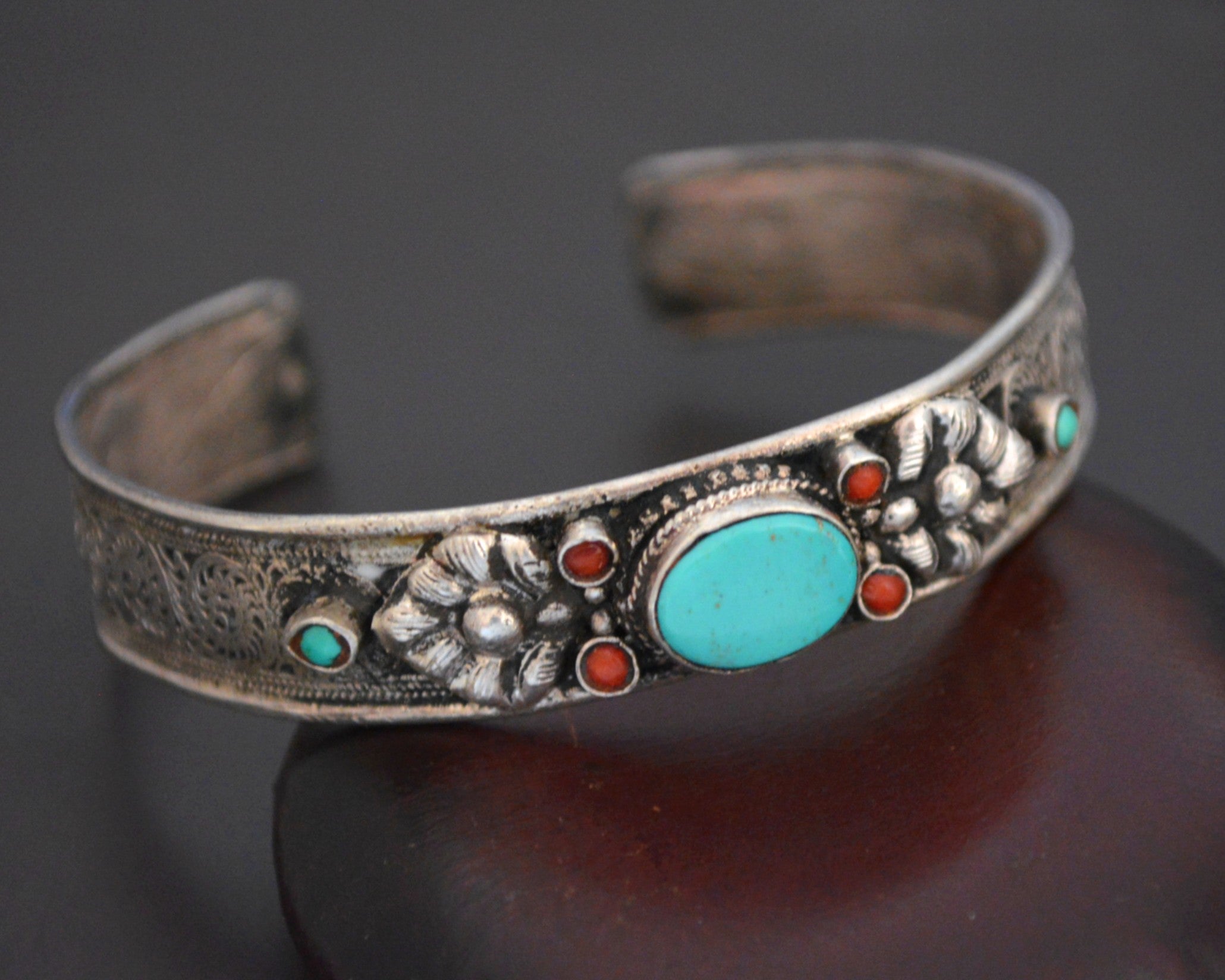 Nepali Turquoise Coral Cuff Bracelet with Filigree Work - SMALL