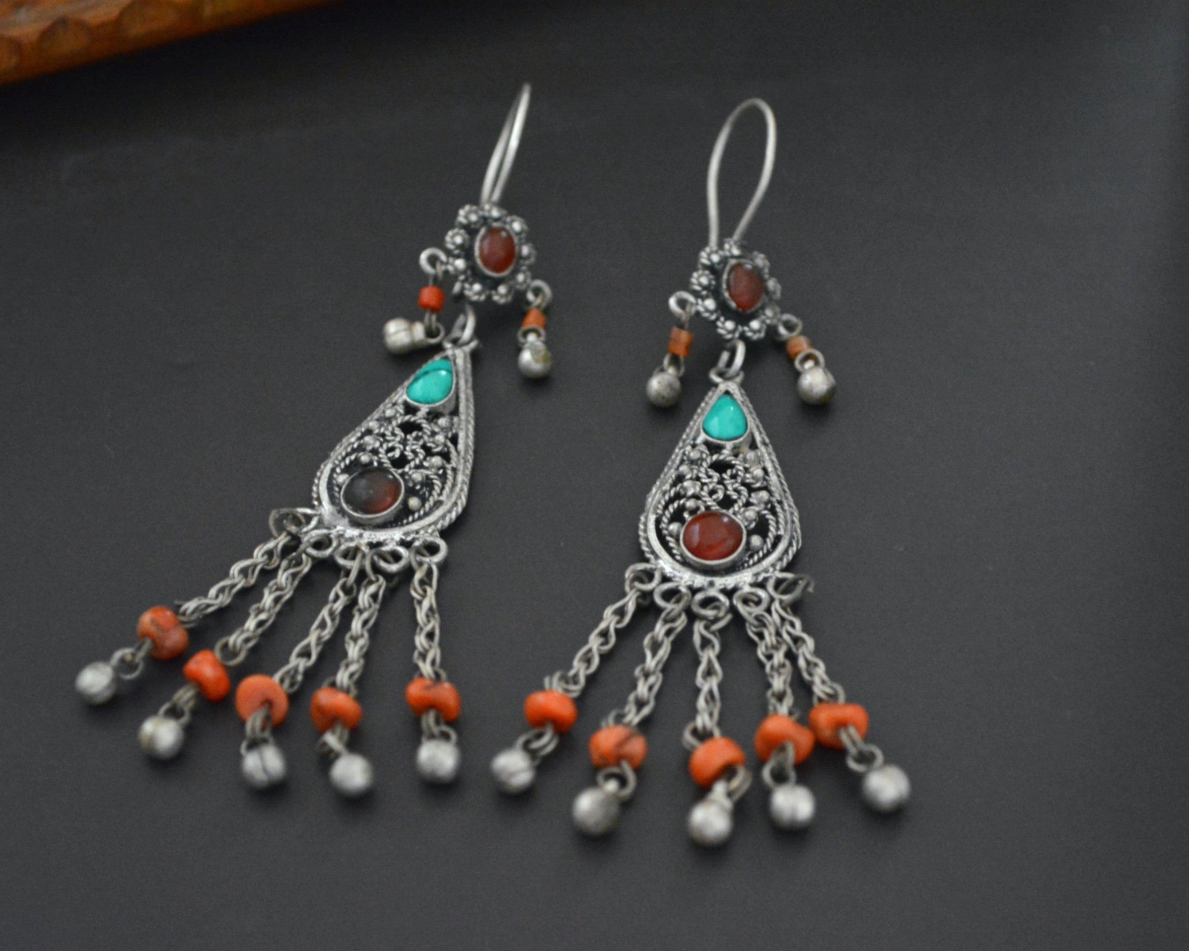 Uzbek Silver Turquoise Coral Earrings