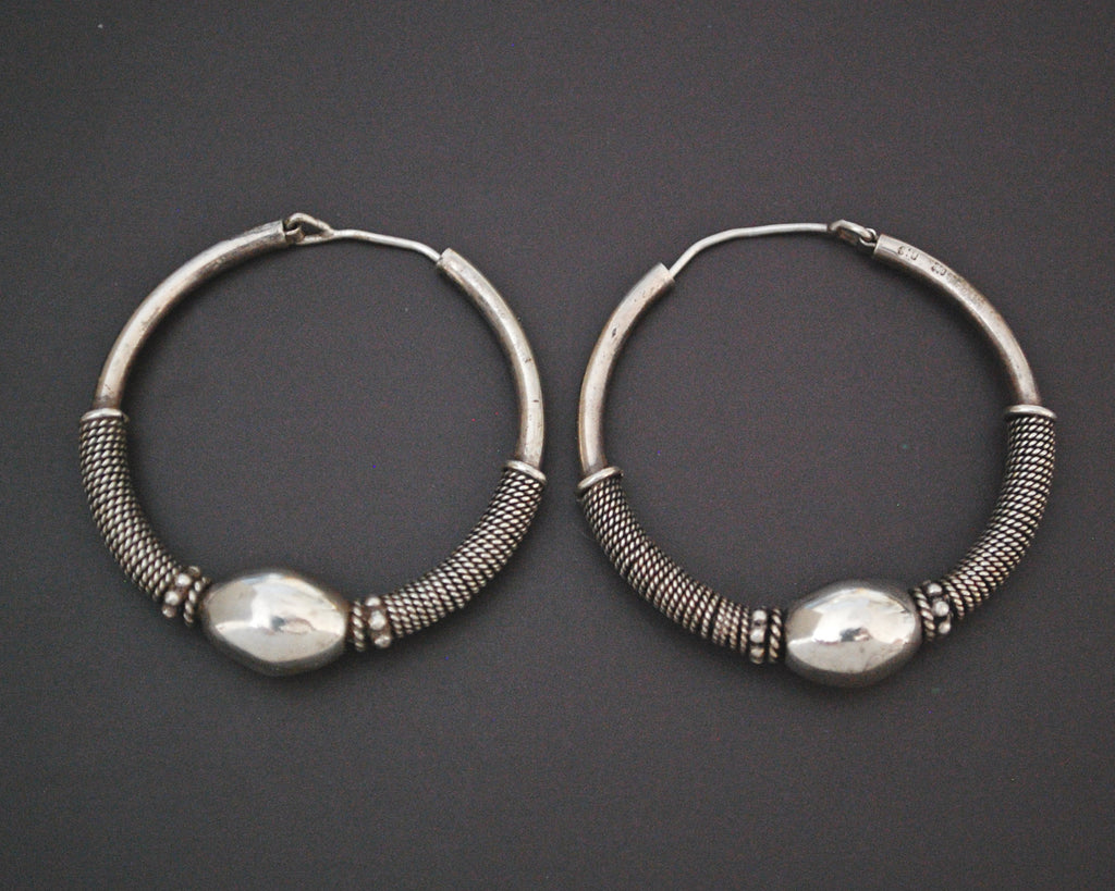 Large Ethnic Bali Hoop Earrings with Wire Work and Bead