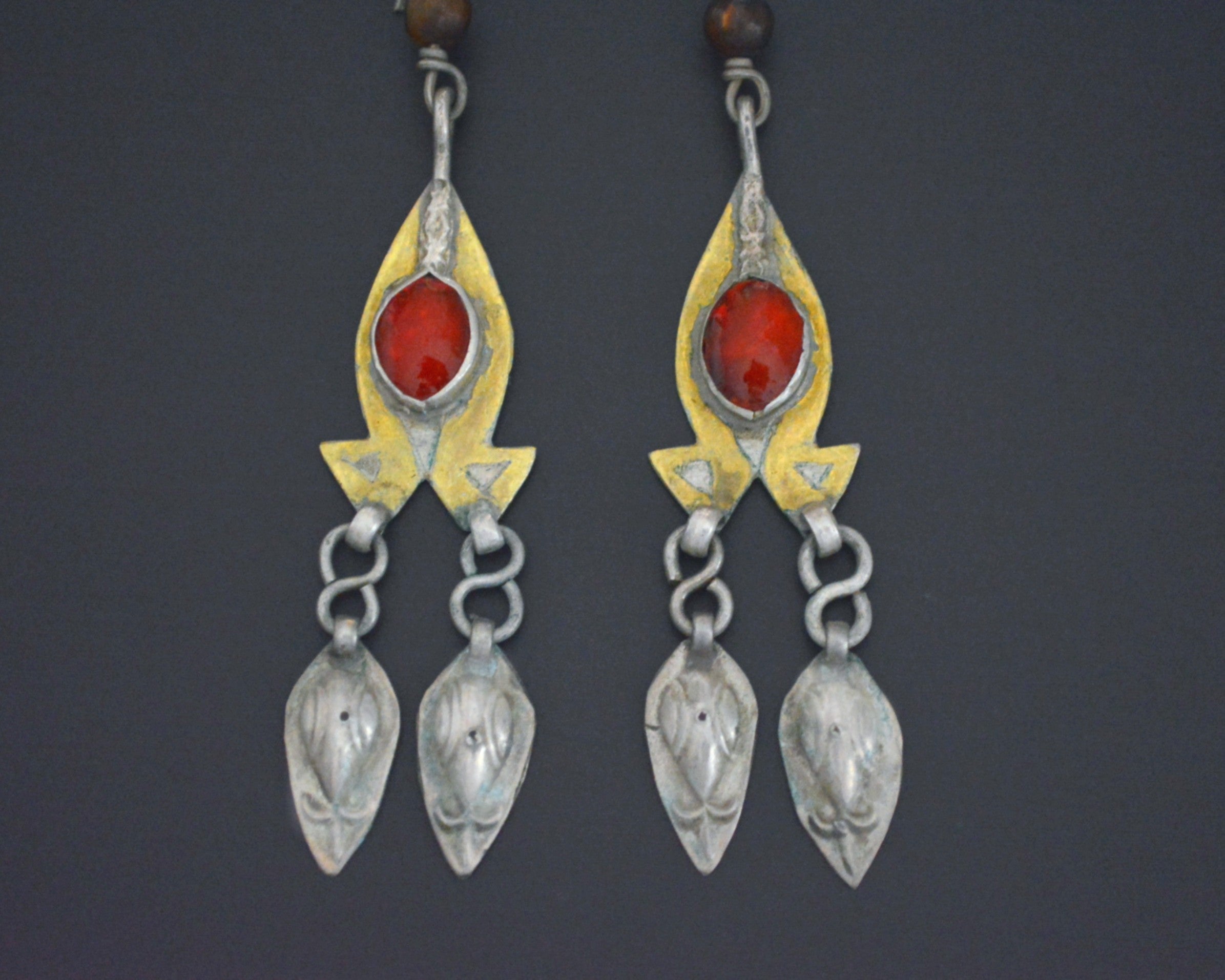 Long Turkmen Gilded Dangle Earrings with Glass
