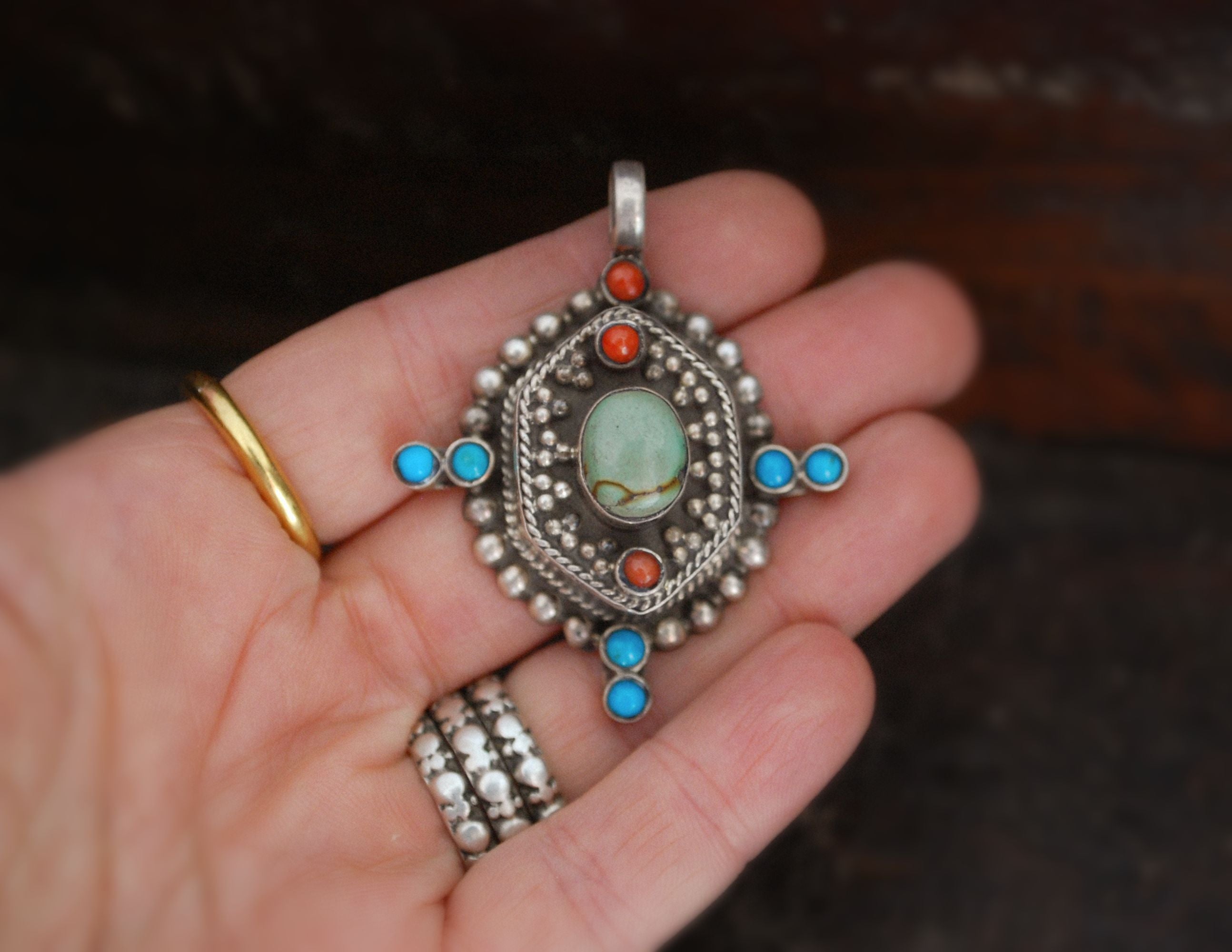 Bold Nepali Turquoise Coral Pendant