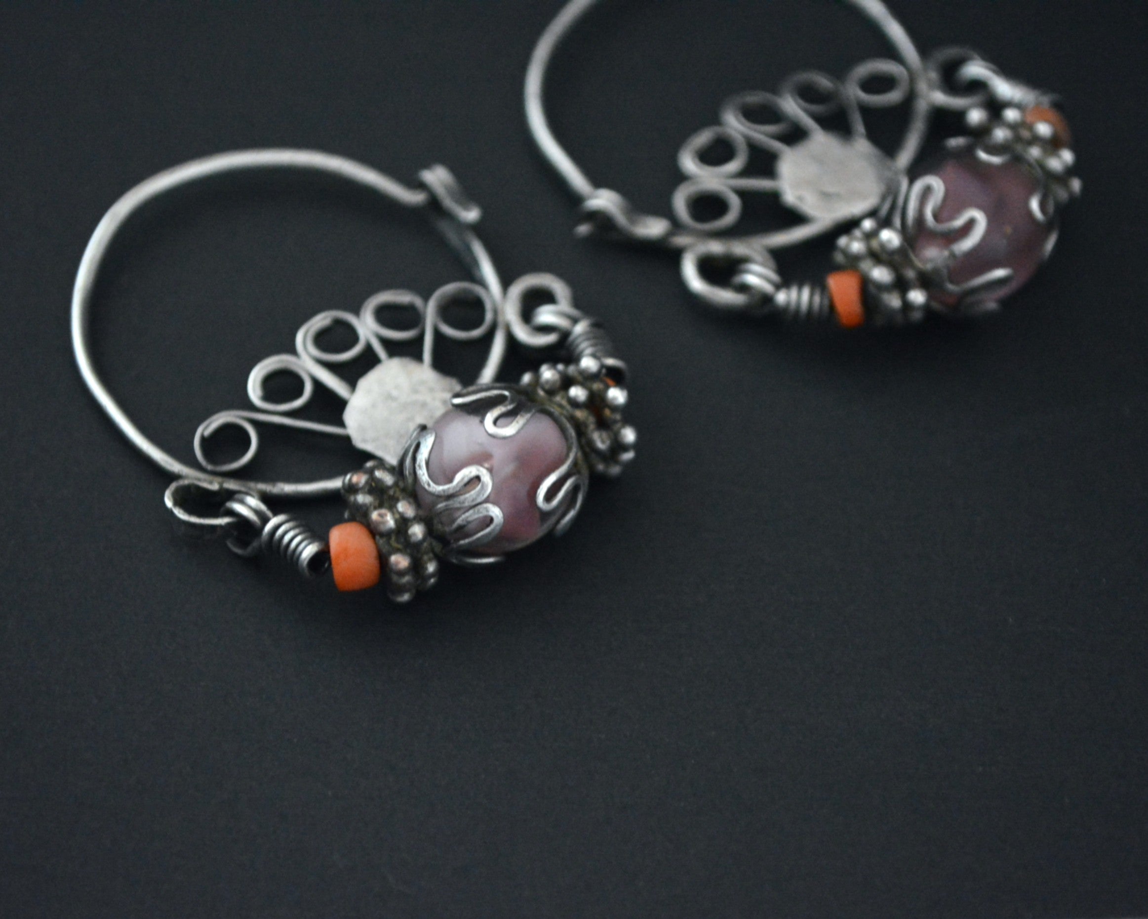 Uzbek Coral and Glass Hoop Earrings