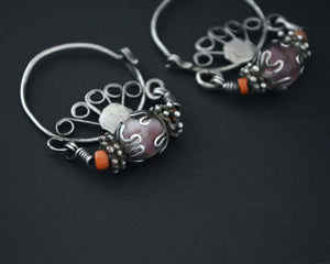 Uzbek Coral and Glass Hoop Earrings