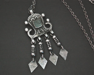 Ethnic Pendant with Tassels on Silver Chain - Green Stone