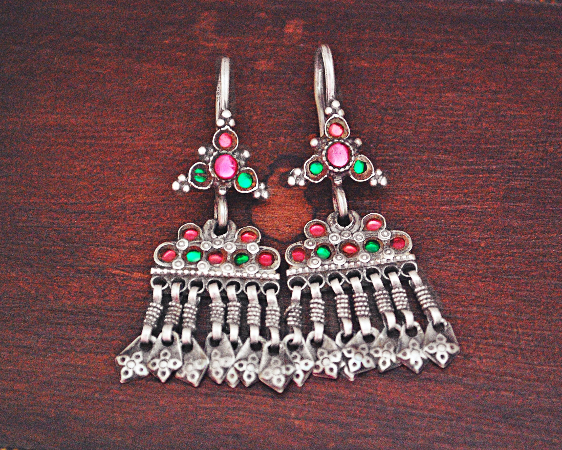 Afghani Earrings with Pink and Green Glass