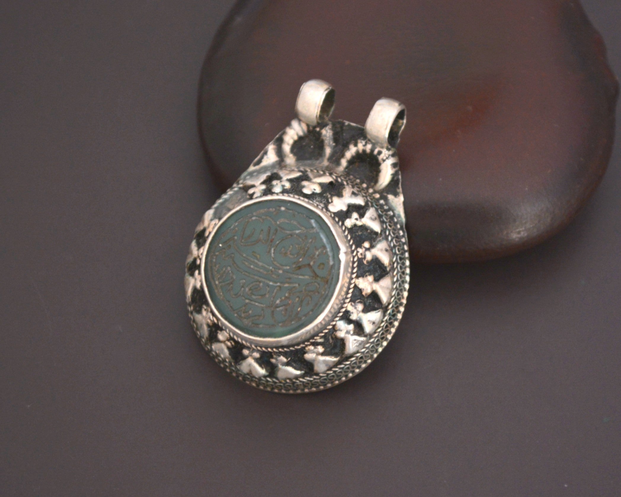 Afghani Arabic Writing Green Agate Pendant