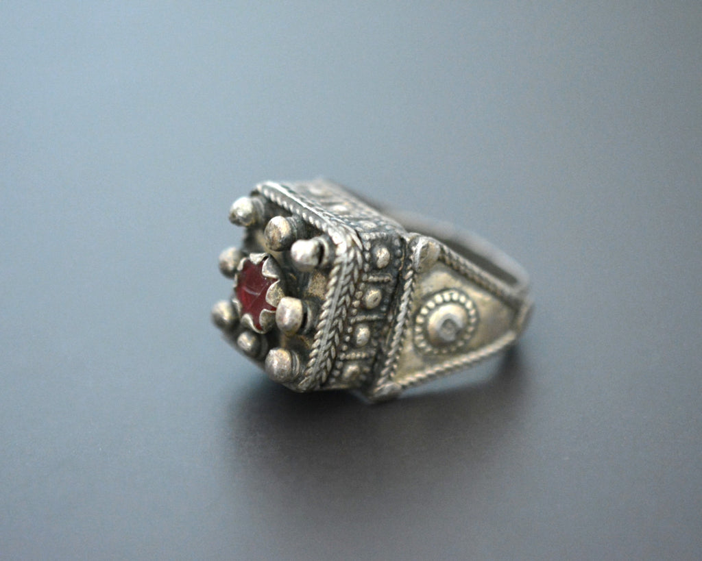 Pashtun Silver Ring with Red Glass - 7.5