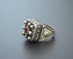 Pashtun Silver Ring with Red Glass - 7.5