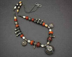 Ethnic Amber Mother of Pearl Silver Beads Necklace