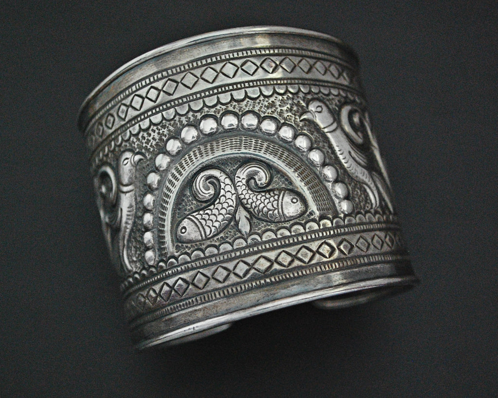 Wide Fish and Birds Silver Cuff Bracelet - Sterling Silver