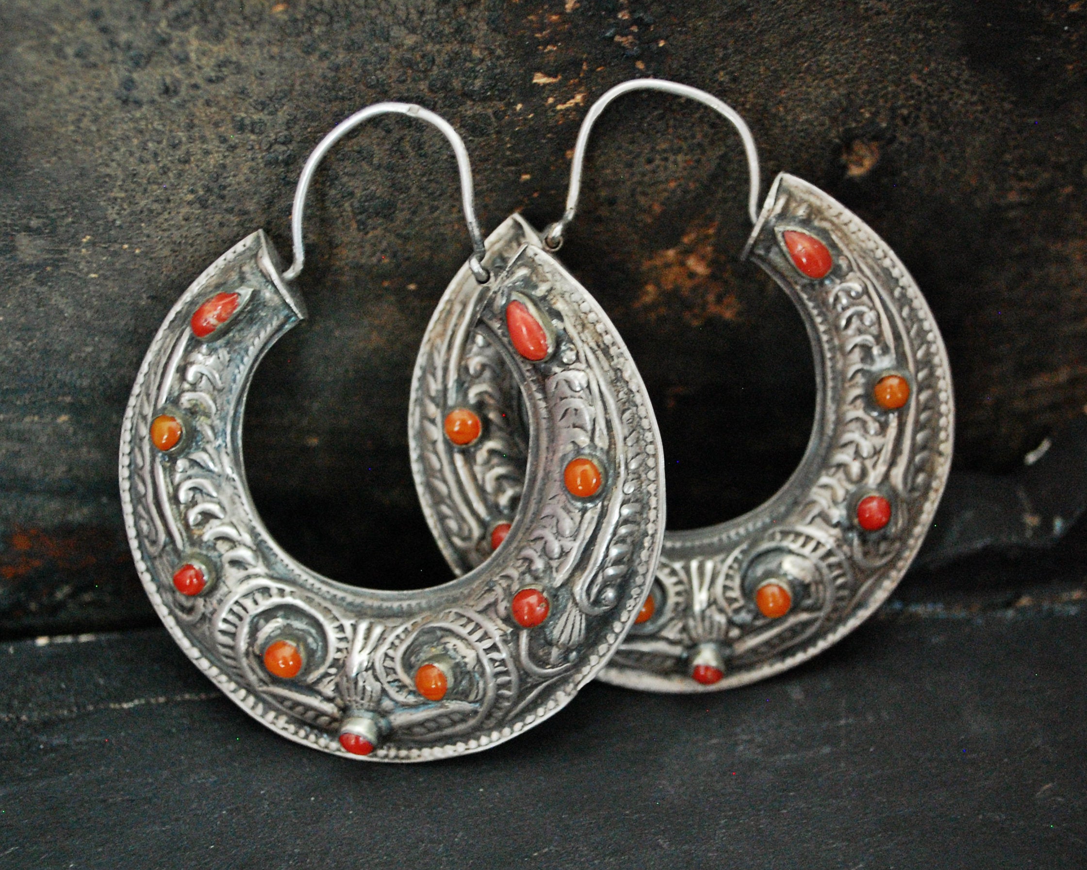 Stunning Ethnic Hoop Earrings with Coral, Carnelian and Malachite