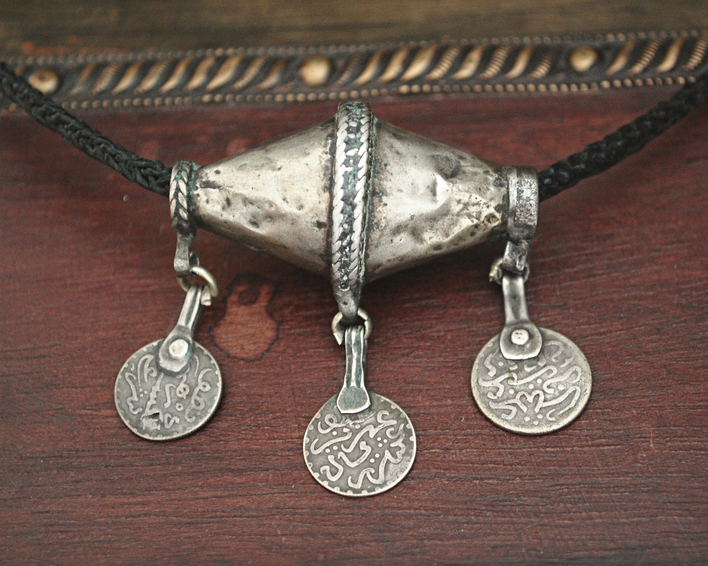 Berber Silver Bead Pendant with Coins